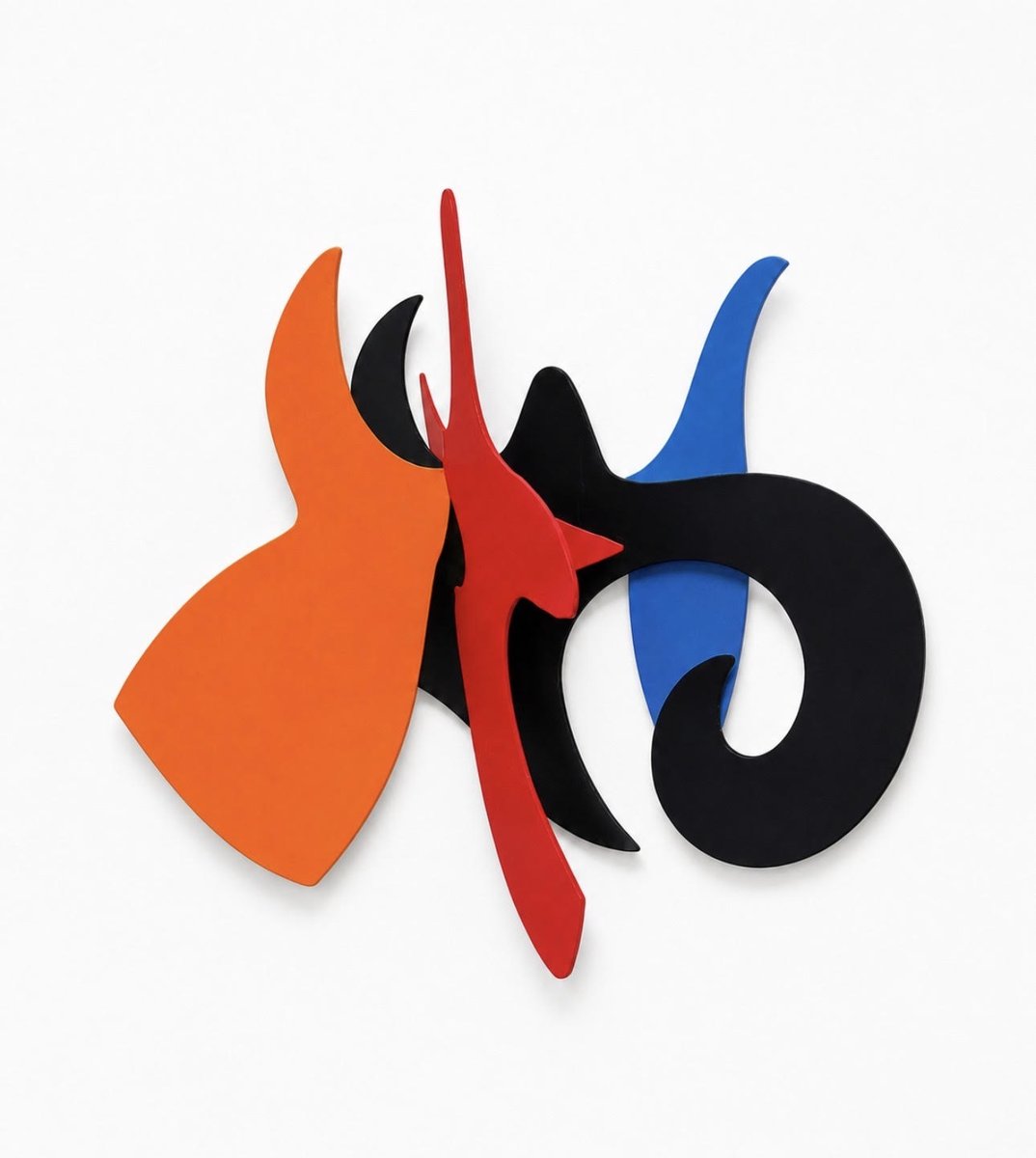 David Hayes painted steel sculpture with orange, red, black, and blue planes