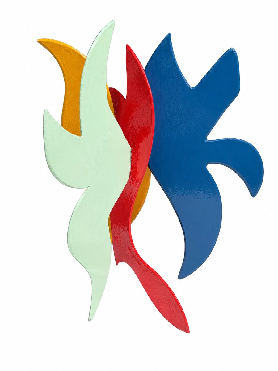 David Hayes painted steel sculpture with pale green, red, yellow, and blue planes