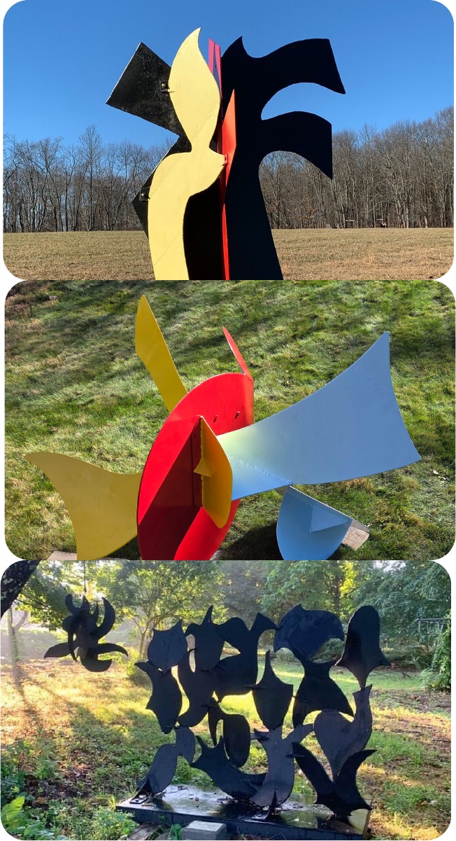 Three views of painted steel sculptures in the fields