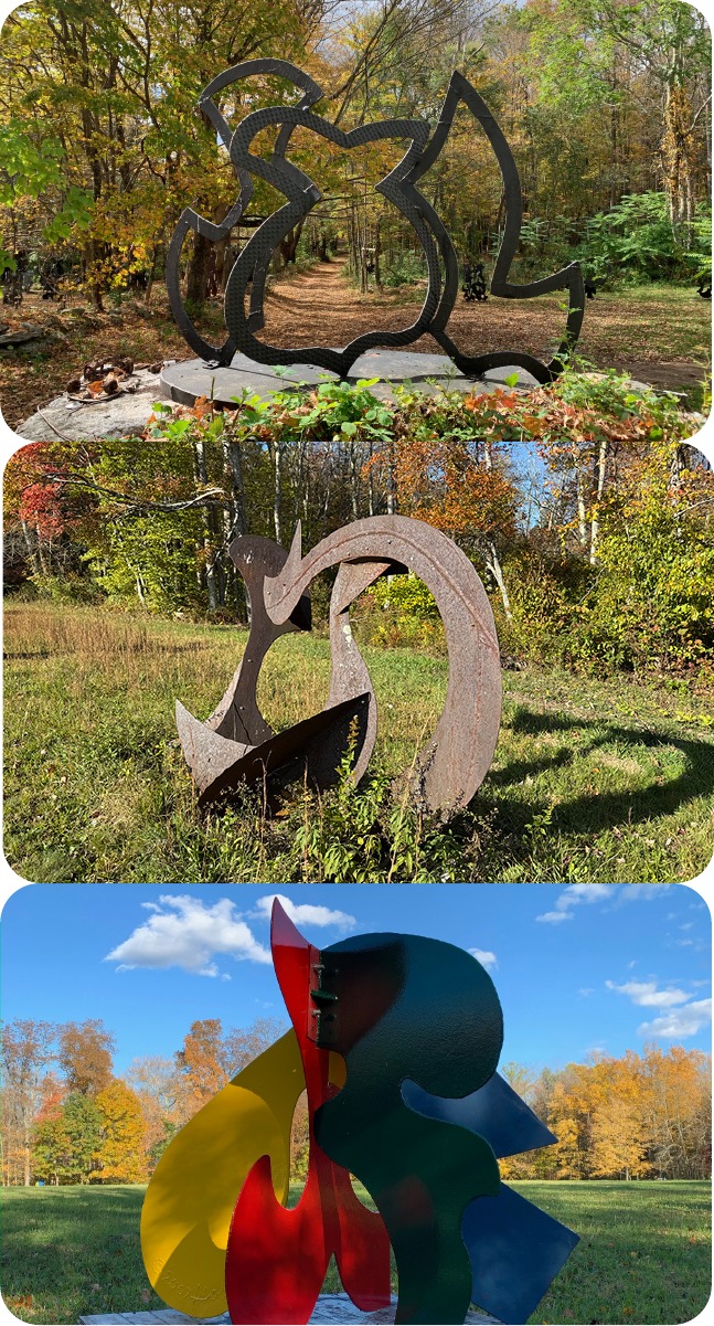 Three views of sculpture near water, meadow, and sky