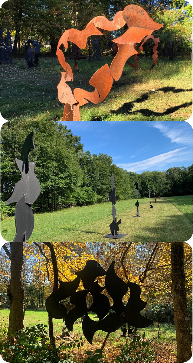 Three views of sculpture framed by landscape and trees