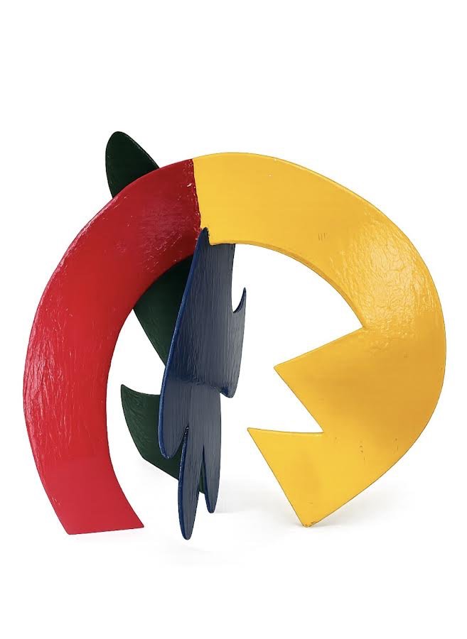 David Hayes painted steel sculpture with red, yellow, blue, and green planes
